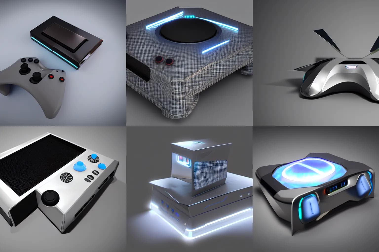 Various conceptual designs for a futuristic game console