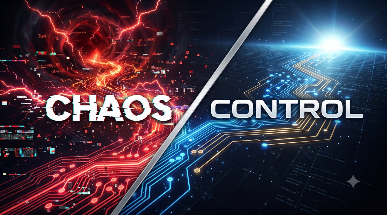 Chaos vs Control: Red lightning spiraling into darkness on the left represents agentic drift and silent AI failures, while clean blue circuit paths on the right represent n8n deterministic workflow guardrails. The diagonal split visualises why AI agents need structural control planes.